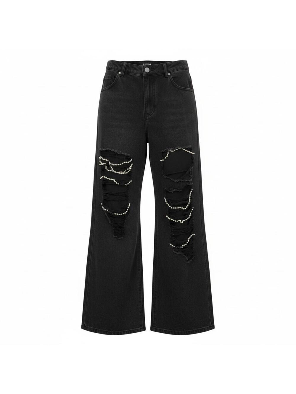 Fashion Nova Glitz And Glam Straight Leg Jeans  Black Pearls Ripped Sz 15